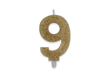 Candelina di cera  8 cm numero 9 di colore Oro  con brillantini incorporati   pz 1