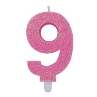 Candelina di cera  8 cm numero 9 di colore rosa   con brillantini incorporati   pz 1
