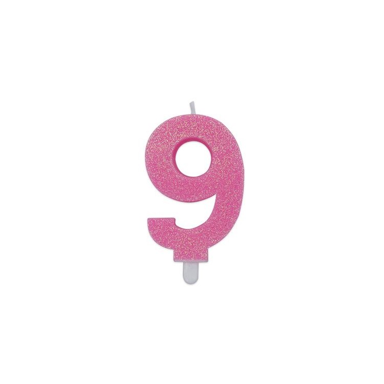 Candelina di cera  8 cm numero 9 di colore rosa   con brillantini incorporati   pz 1
