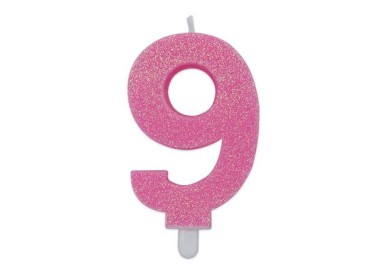 Candelina di cera  8 cm numero 9 di colore rosa   con brillantini incorporati   pz 1