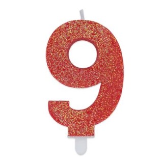 Candelina di cera  8 cm numero 9 di colore rosso   con brillantini incorporati   pz 1