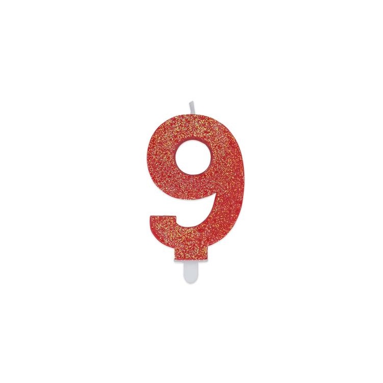 Candelina di cera  8 cm numero 9 di colore rosso   con brillantini incorporati   pz 1