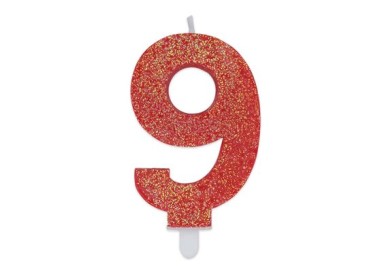 Candelina di cera  8 cm numero 9 di colore rosso   con brillantini incorporati   pz 1