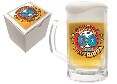  Bicchiere/Boccale con manico per la birra  80 anni - 1 pezzo - in vetro- con stampa Auguri per i tuoi 80 a tutta birra