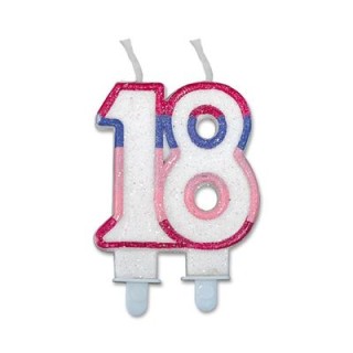 Candelina di cera  Sagomata 18 Anni di colore( Bianco ,rosa, lilla e Fucsia )  con brillantini 6cm x 7cm  pz 1
