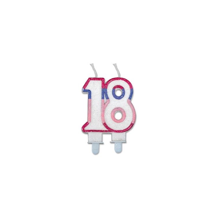 Candelina di cera  Sagomata 18 Anni di colore( Bianco ,rosa, lilla e Fucsia )  con brillantini 6cm x 7cm  pz 1