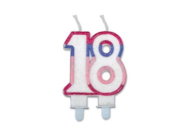 Candelina di cera  Sagomata 18 Anni di colore( Bianco ,rosa, lilla e Fucsia )  con brillantini 6cm x 7cm  pz 1