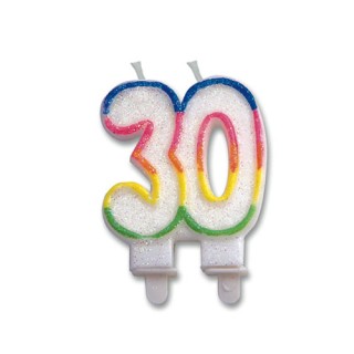 Candelina di cera  Sagomata 30 Anni di colore( Bianco ,verde , blù , arancio , giallo  e Fucsia )  con brillantini 6cm x 7cm  p