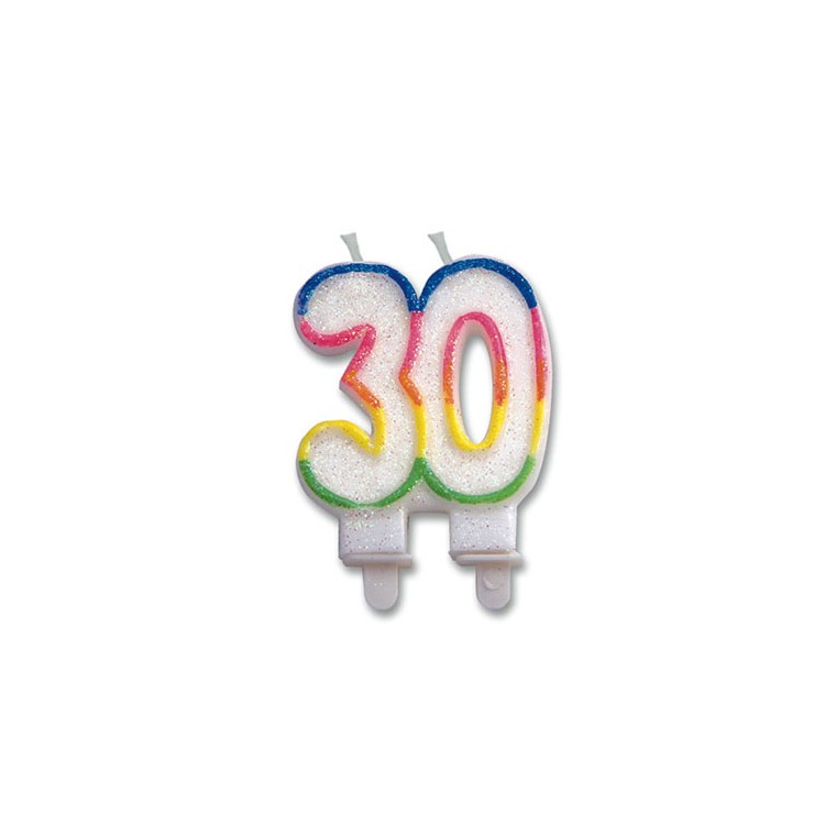 Candelina di cera  Sagomata 30 Anni di colore( Bianco ,verde , blù , arancio , giallo  e Fucsia )  con brillantini 6cm x 7cm  p