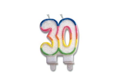 Candelina di cera  Sagomata 30 Anni di colore( Bianco ,verde , blù , arancio , giallo  e Fucsia )  con brillantini 6cm x 7cm  p