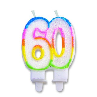 Candelina di cera  Sagomata 60 Anni di colore( Bianco ,verde , blù , arancio , giallo  e Fucsia )  con brillantini 6cm x 7cm  p