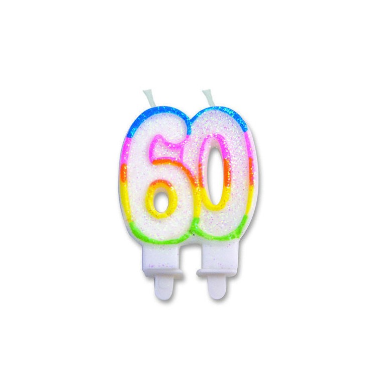 Candelina di cera  Sagomata 60 Anni di colore( Bianco ,verde , blù , arancio , giallo  e Fucsia )  con brillantini 6cm x 7cm  p