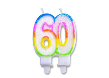 Candelina di cera  Sagomata 60 Anni di colore( Bianco ,verde , blù , arancio , giallo  e Fucsia )  con brillantini 6cm x 7cm  p