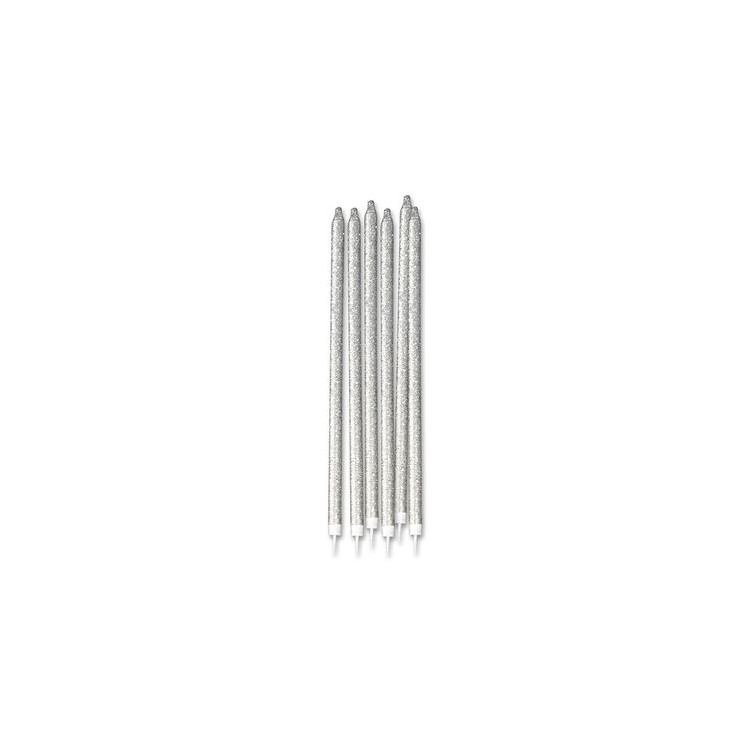 Candelina di cera Stelo lungo  15 Cm  di colore argento   con Glitter pz 12