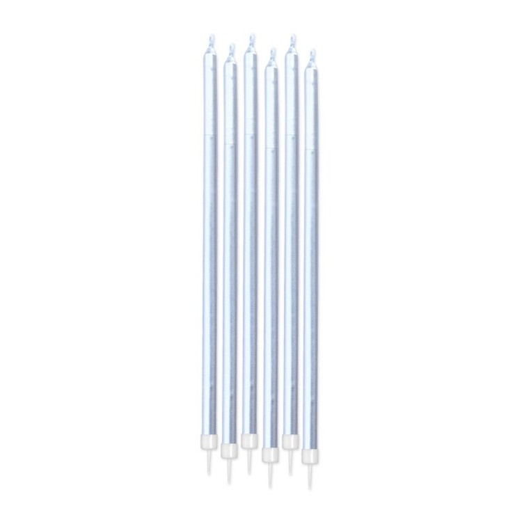 Candelina di cera Stelo lungo  15 Cm  di colore argento  perlato    Pezzi  totale 6