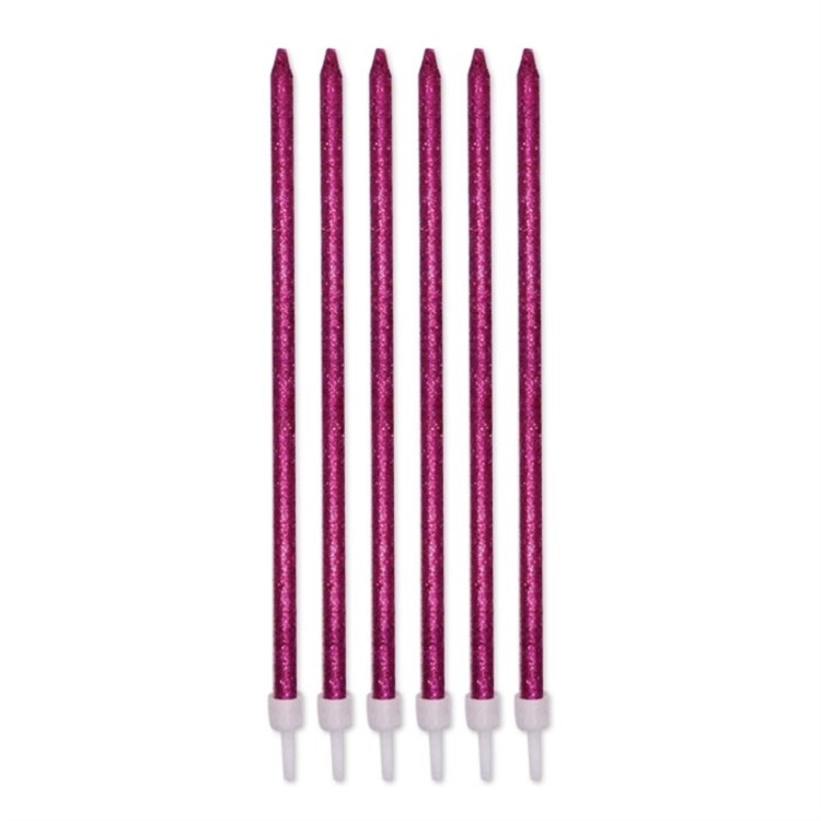 Candelina di cera Stelo lungo  15 Cm  di colore Fucsia con Glitter pz 12