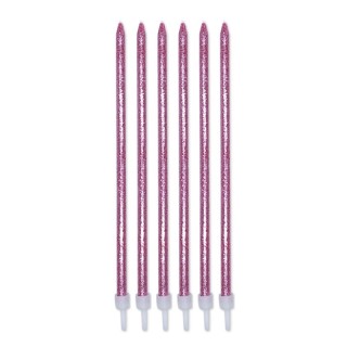 Candelina di cera Stelo lungo  15 Cm  di colore rosa con Glitter pz 12