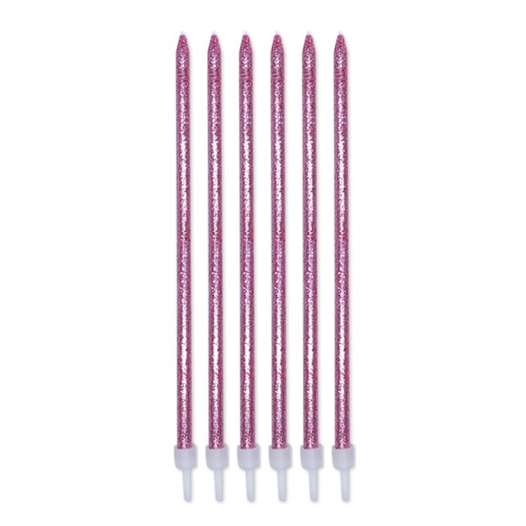 Candelina di cera Stelo lungo  15 Cm  di colore rosa con Glitter pz 12