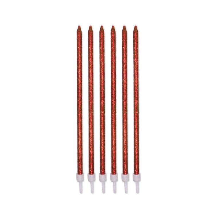 Candelina di cera Stelo lungo  15 Cm  di colore Rosse con Glitter pz 12