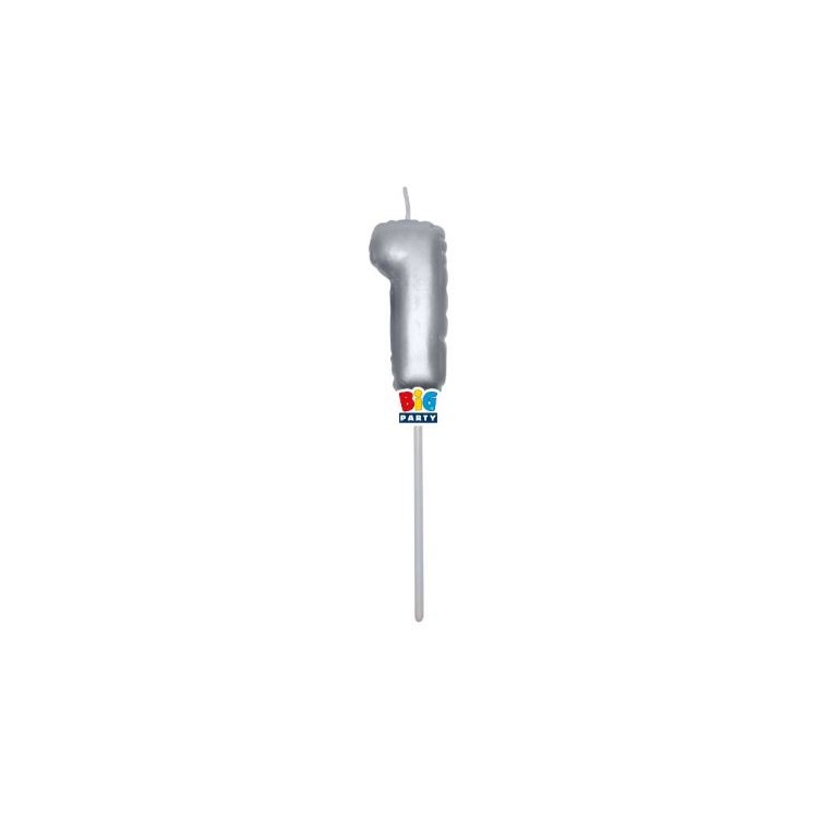 Candelina palloncino  numero 1 di cera  6 cm di colore argento Metal   pz 1