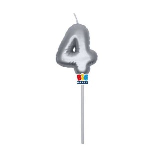 Candelina palloncino  numero 4 di cera  6 cm di colore argento Metal   pz 1