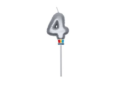 Candelina palloncino  numero 4 di cera  6 cm di colore argento Metal   pz 1