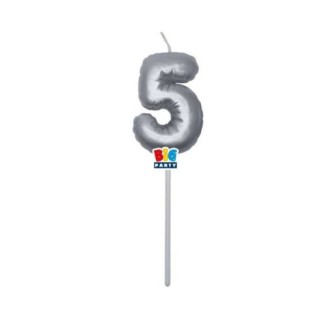 Candelina palloncino  numero 5 di cera  6 cm di colore argento Metal   pz 1