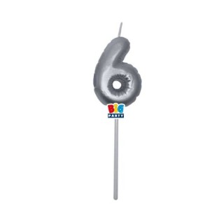 Candelina palloncino  numero 6 di cera  6 cm di colore argento Metal   pz 1