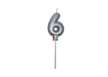 Candelina palloncino  numero 6 di cera  6 cm di colore argento Metal   pz 1