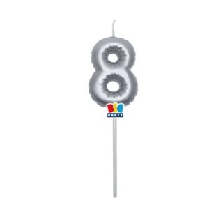 Candelina palloncino  numero 8 di cera  6 cm di colore argento Metal   pz 1