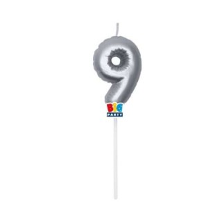 Candelina palloncino  numero 9 di cera  6 cm di colore argento Metal   pz 1