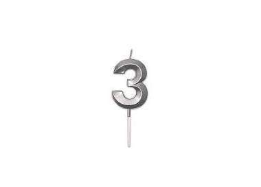 Candelina Prestige   numero 3 di cera  5 cm di colore Argento  Perla Metal     pz 1