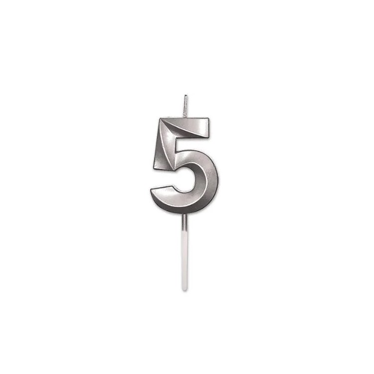 Candelina Prestige   numero 5 di cera  5 cm di colore Argento  Perla Metal     pz 1