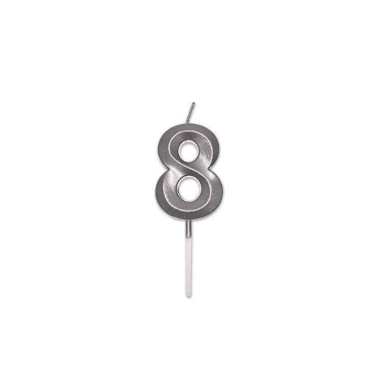 Candelina Prestige   numero 8 di cera  5 cm di colore Argento  Perla Metal     pz 1