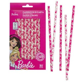CANNUCCE DI CARTA  DI BARBIE BIODEGRADABILI  FUCSIA E BIANCO  - Confez. 80 pezzi - Cartoncino Rigido - Lunghezza : 21 cm - Deco
