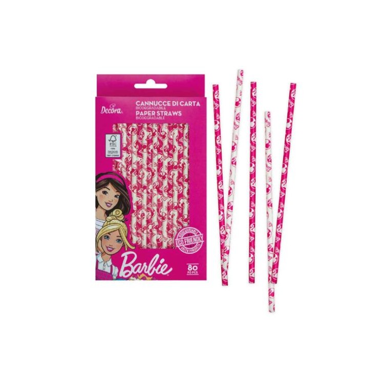 CANNUCCE DI CARTA  DI BARBIE BIODEGRADABILI  FUCSIA E BIANCO  - Confez. 80 pezzi - Cartoncino Rigido - Lunghezza : 21 cm - Deco