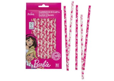CANNUCCE DI CARTA  DI BARBIE BIODEGRADABILI  FUCSIA E BIANCO  - Confez. 80 pezzi - Cartoncino Rigido - Lunghezza : 21 cm - Deco