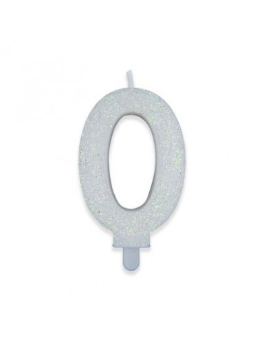 Candelina di cera  8 cm numero 0 di colore Bianco  con brillantini incorporati   pz 1