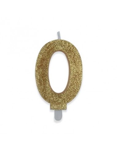 Candelina di cera  8 cm numero 0 di colore Oro  con brillantini incorporati   pz 1