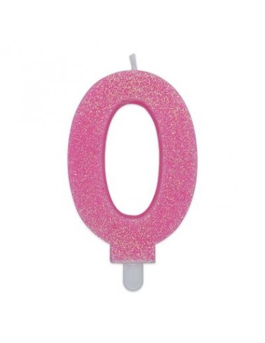 Candelina di cera  8 cm numero 0 di colore rosa   con brillantini incorporati   pz 1