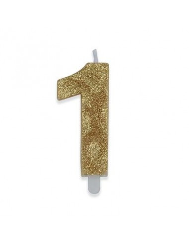 Candelina di cera  8 cm numero 1 di colore Oro  con brillantini incorporati   pz 1