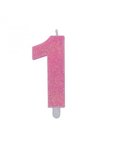 Candelina di cera  8 cm numero 1 di colore rosa   con brillantini incorporati   pz 1