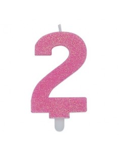 Candelina di cera  8 cm numero 2 di colore rosa   con brillantini incorporati   pz 1