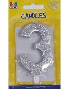Candelina di cera  8 cm numero 3 di colore argento  con brillantini incorporati   pz 1