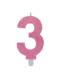 Candelina di cera  8 cm numero 3 di colore rosa   con brillantini incorporati   pz 1