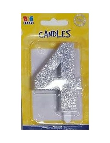 Candelina di cera  8 cm numero 4 di colore argento  con brillantini incorporati   pz 1