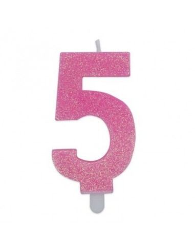 Candelina di cera  8 cm numero 5 di colore rosa   con brillantini incorporati   pz 1