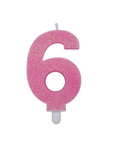 Candelina di cera  8 cm numero 6 di colore rosa   con brillantini incorporati   pz 1