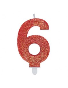 Candelina di cera  8 cm numero 6 di colore rosso   con brillantini incorporati   pz 1