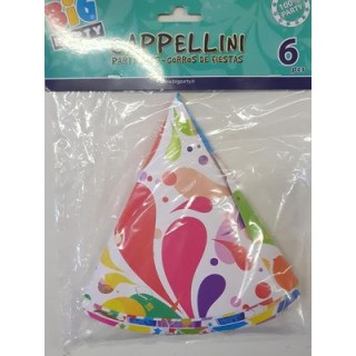 CAPPELLINI A CONO con elastico Colorati Festa - Confez. 6 pezzi - Diam. 15 cm x H 16 cm - Cartoncino Rigido - Big Party